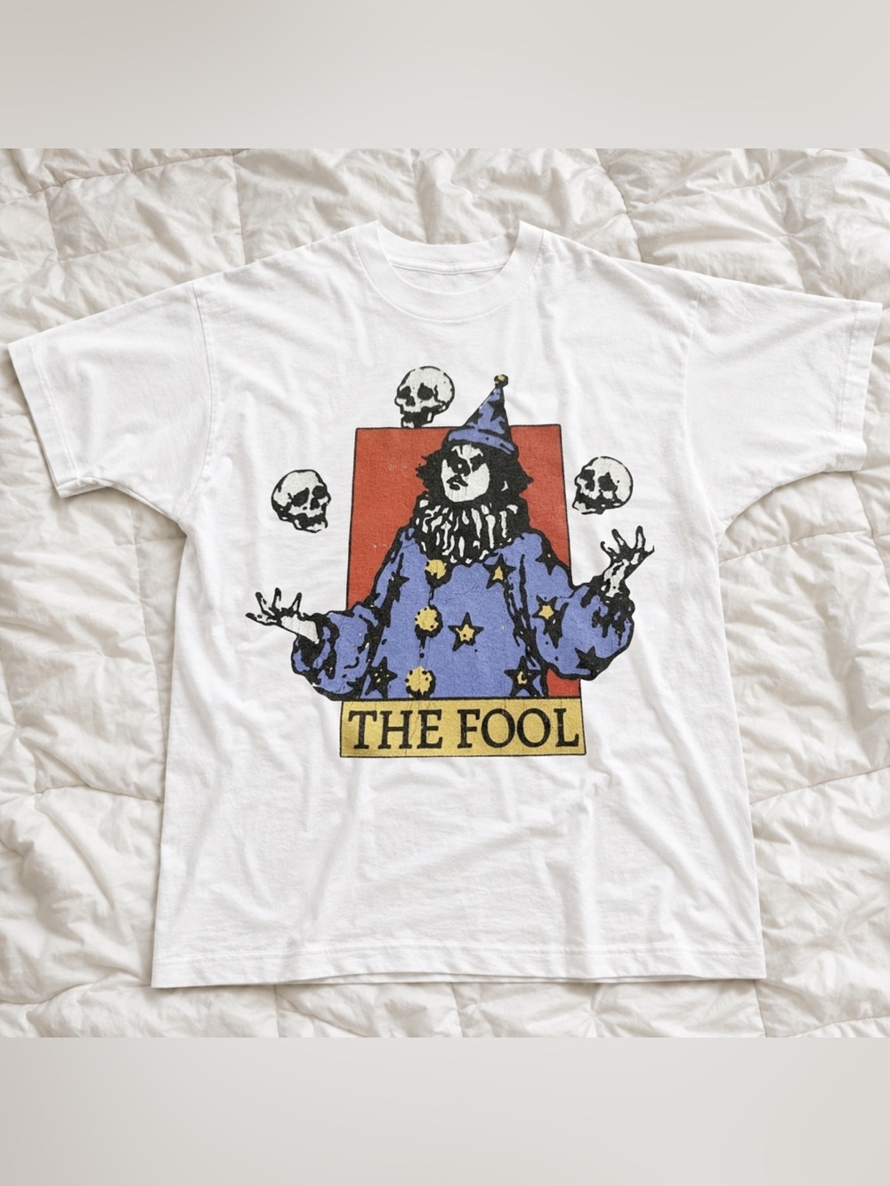 White 'The Fool' Graphic Tee with Colorful Tarot Clown Print For Unisex